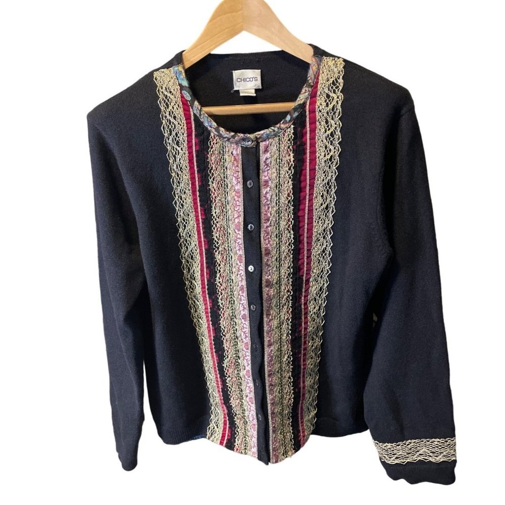 Chico's Silk Blend Black Embroidered Detail Cardigan Sweater Sz XL